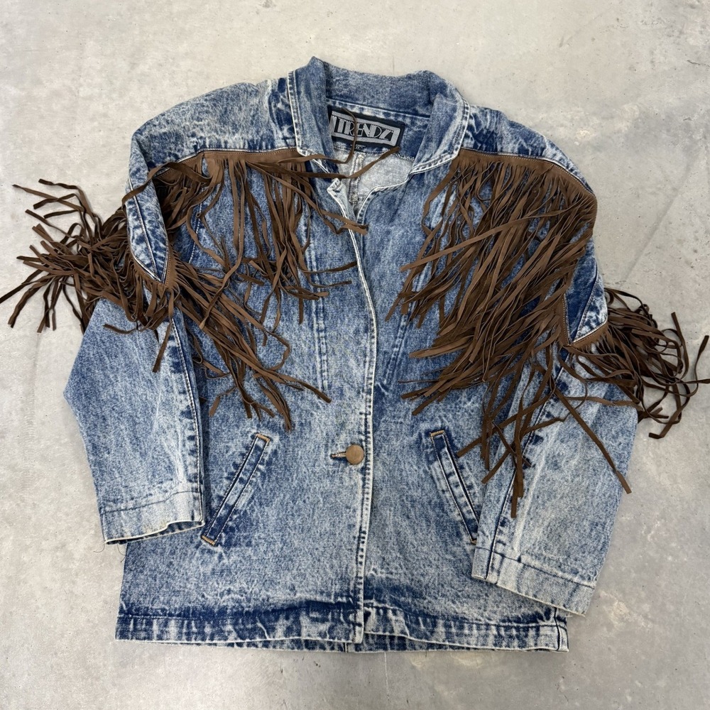 Trendz Denim Fringe Jacket Womens Medium Blue Acid Wash Excellent Western Boho